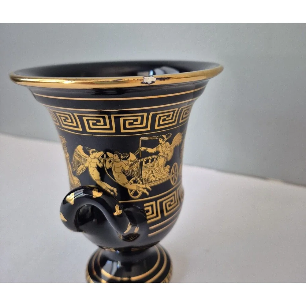 Spyropoulos Handmade Black and 24K Gold Inlay Double Handle Urn Vase 5.5 IN
